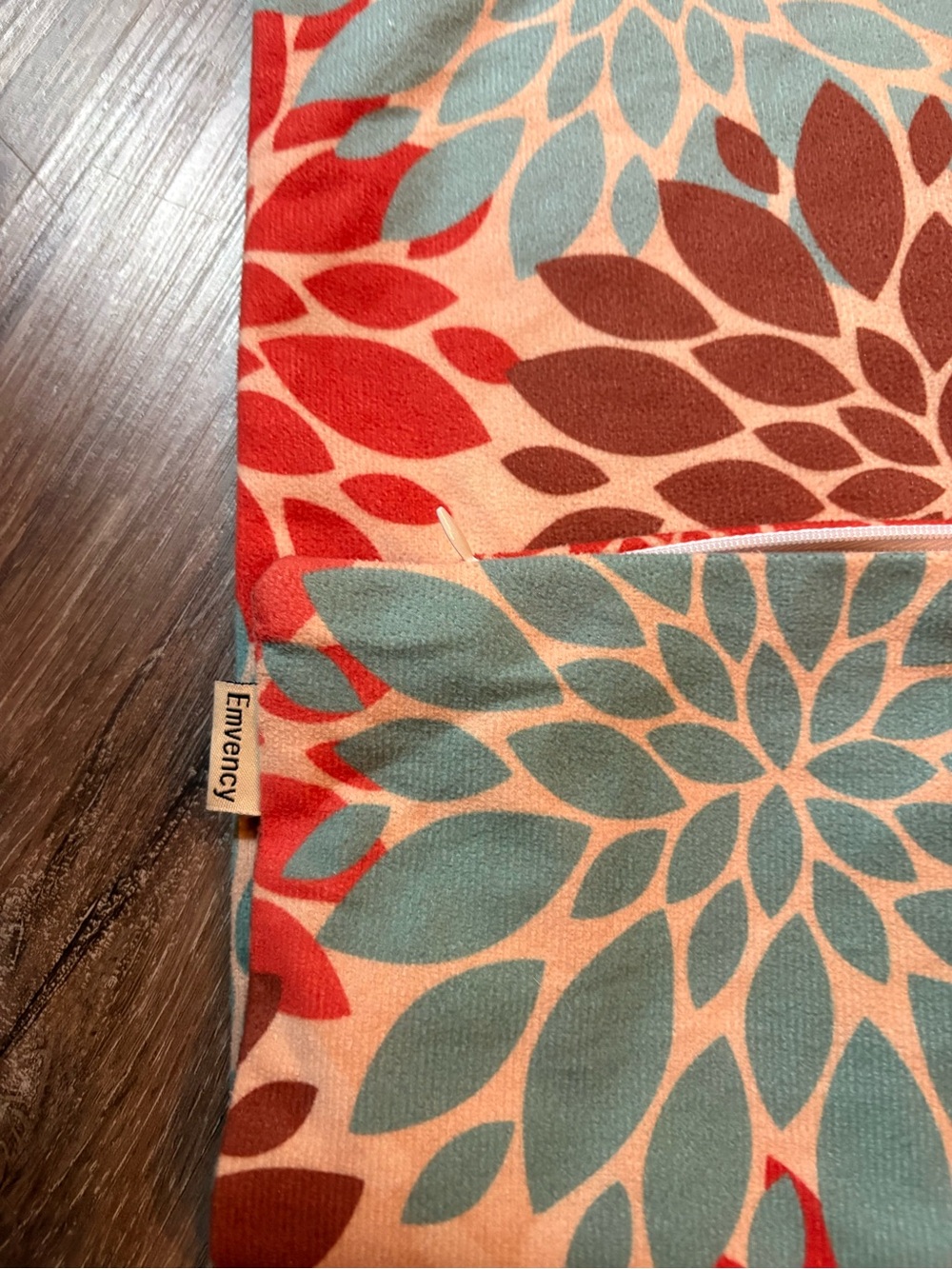 Floral Pillow Covers in Coral, Teal & Brown 19x19 - Picture 3 of 3